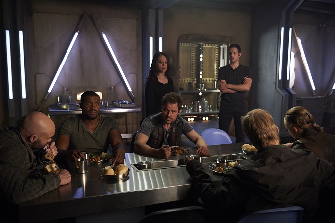 DARK MATTER -- "Episode Ten" Episode 110 -- Pictured: (l-r) Roger Cross as Six, Anthony Lemke as Three, Melissa O'Neil as Two, Mark Bendavid as One -- (Photo by: Russ Martin/Prodigy Pictures/Syfy)