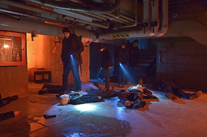 THE STRAIN -- "The Battle For Red Hook" -- Episode 209 (Airs September 6, 10:00 pm e/p) Pictured: (l-r) Corey Stoll as Ephraim Goodweather, Max Charles as Zack Goodweather, Mia Maestro as Nora Martinez, Kevin Durand as Vasiliy Fet. CR: Michael Gibson/FX