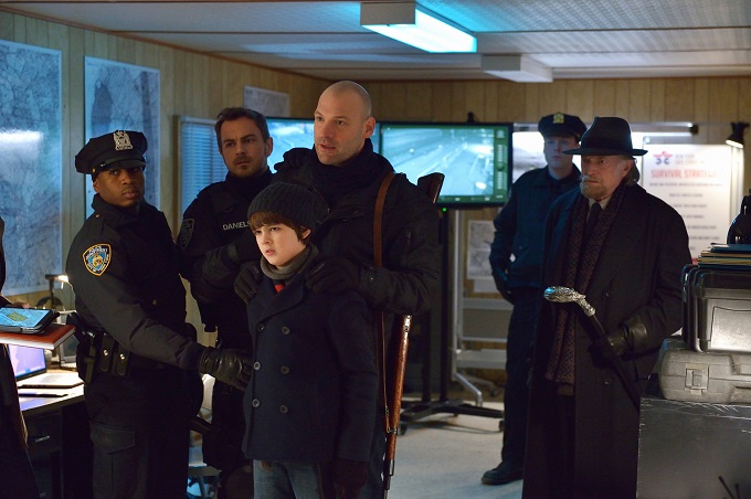 THE STRAIN -- "The Battle For Red Hook" -- Episode 209 (Airs September 6, 10:00 pm e/p) Pictured: Max Charles as Zack Goodweather (bottom center), Corey Stoll as Ephraim Goodweather (center), David Bradley as Abraham Setrakian (far right). CR: Michael Gibson/FX