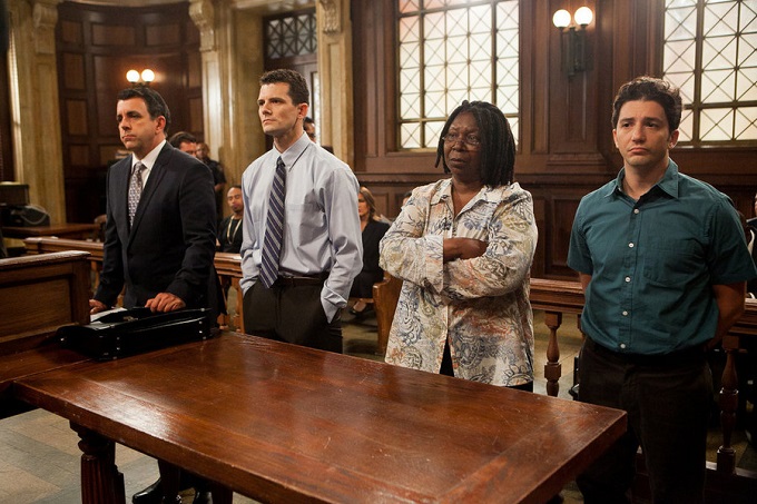 LAW & ORDER: SPECIAL VICTIMS UNIT -- "Institutional Fail" Episode 17004 -- Pictured: (l-r) Joseph Lyle Taylor as Counselor D'Angelo, Josh Marcantel as Dale Sheridan, Whoopi Goldberg as Janette Garner, John Magaro as Keith Adkins -- (Photo by: Tom Zubak/NBC)