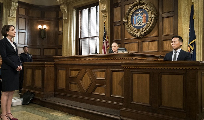 LAW & ORDER: SPECIAL VICTIMS UNIT -- "Depravity Standard" Episode 17009 -- Pictured: (l-r) Robin Weigert as Counselor Lisa Hassler, Joe Grifasi as Judge Hashi Horowitz, BD Wong as Dr. George Huang -- (Photo by: Michael Parmelee/NBC)