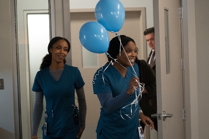 CHICAGO MED -- "Bound" Episode 106 -- Pictured: (l-r) Yaya DaCosta as April Sexton, Marlyne Barrett as L Maggie Lockwood -- (Photo by: Elizabeth Sisson/NBC)
