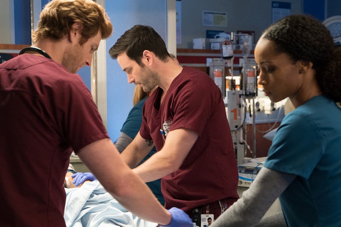 CHICAGO MED -- "Bound" Episode 106 -- Pictured: (l-r) Nick Gehlfuss as Dr. Will Halstead, Colin Donnell as Dr. Connor Rhodes, Yaya DaCosta as April Sexton -- (Photo by: Elizabeth Sisson/NBC)