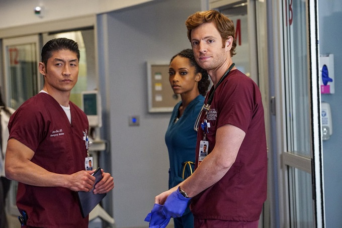 CHICAGO FIRE -- "The Beating Heart" Episode 410 -- Pictured: (l-r) Brian Tee as Ethan Choi, Yaya DaCosta as April Sexton, Nick Gehlfuss as Will Halstead -- (Photo by: Elizabeth Morris/NBC)