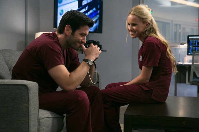 CHICAGO MED -- "Malignant" Episode 105 -- Pictured: (l-r) Colin Donnell as Dr. Connor Rhodes, Julie Berman as Dr. Sam Zanetti -- (Photo by: Elizabeth Sisson/NBC)