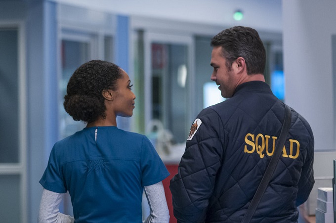 CHICAGO MED -- "Malignant" Episode 105 -- Pictured: (l-r) Yaya DaCosta as April Sexton, Taylor Kinney as Kelly Severide -- (Photo by: Matt Dinerstein/NBC)