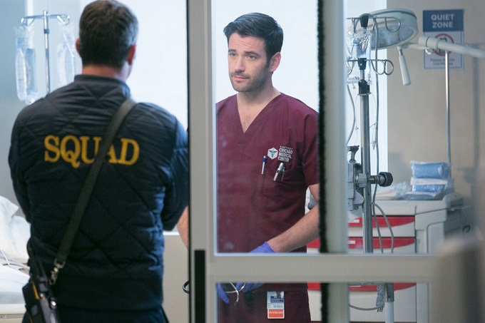 CHICAGO MED -- "Malignant" Episode 105 -- Pictured: (l-r) Taylor Kinney as Kelly Severide, Coliin Donnell as Dr. Connor Rhodes -- (Photo by: Elizabeth Sisson/NBC)