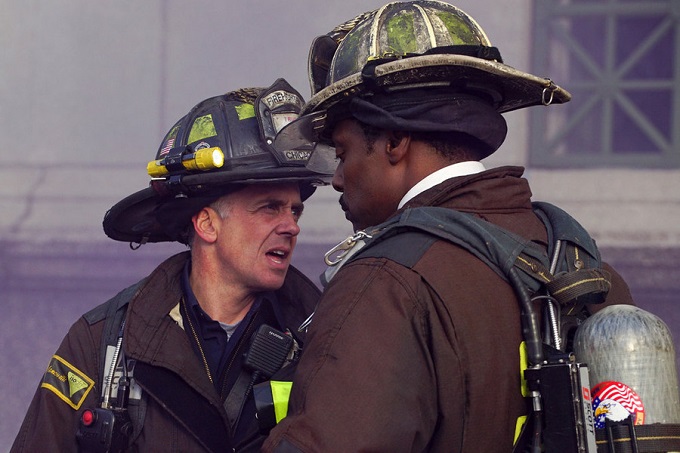 CHICAGO FIRE -- "The Sky Is Falling" Episode 413 -- Pictured: (l-r) David Eigenberg as Christopher Herrmann, Eamonn Walker as Chief Wallace Boden -- (Photo by: Elizabeth Morris/NBC)