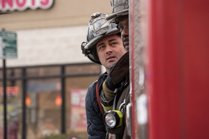 CHICAGO FIRE -- "The Sky Is Falling" Episode 413 -- Pictured: (l-r) Taylor Kinney as Kelly Severide, Eamonn Walker as Chief Wallace Boden -- (Photo by: Elizabeth Morris/NBC)