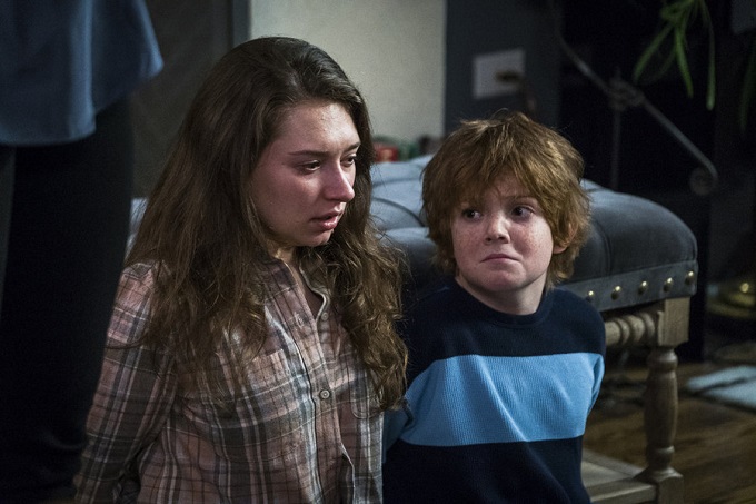 LAW & ORDER: SPECIAL VICTIMS UNIT -- "Townhouse Incident" Episode 1712 -- Pictured: (l-r) Cole Bernstein as Tess Crivello, Jack Gore as Luca Crivello -- (Photo by: Michael Parmalee/NBC)