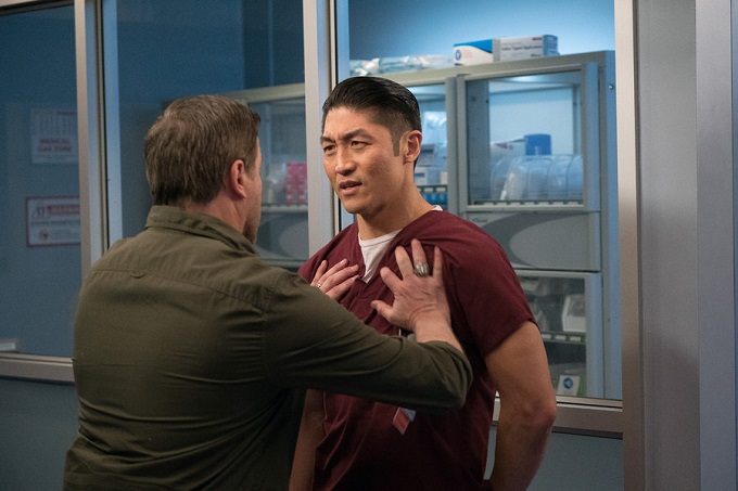 CHICAGO MED -- "Clarity" Episode 110 -- Pictured: (l-r) Damian Conrad Davis as Bret "Bear" Copper, Brian Tee as Dr. Ethan Choi -- (Photo by: Elizabeth Sisson/NBC)