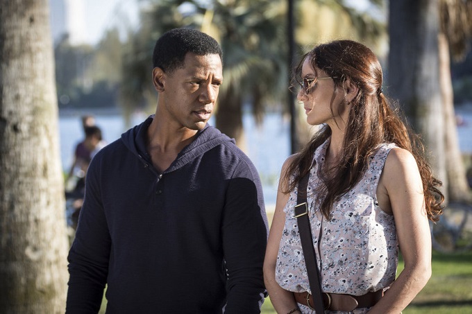 COLONY -- "Geronimo" Episode 105 -- Pictured: (l-r) Tory Kittles as Broussard, Sarah Wayne Callies as Katie Bowman -- (Photo by: Isabella Vosmikova/USA Network)