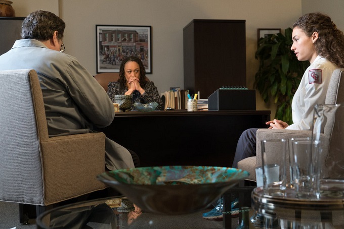 CHICAGO MED -- "Intervention" Episode 111 -- Pictured: (l-r) Oliver Platt as Dr. Daniel Charles, S. Epatha Merkerson as Sharon Goodwin, Rachel DiPillo as Dr. Sarah Reese -- (Photo by: Elizabeth Sisson/NBC)