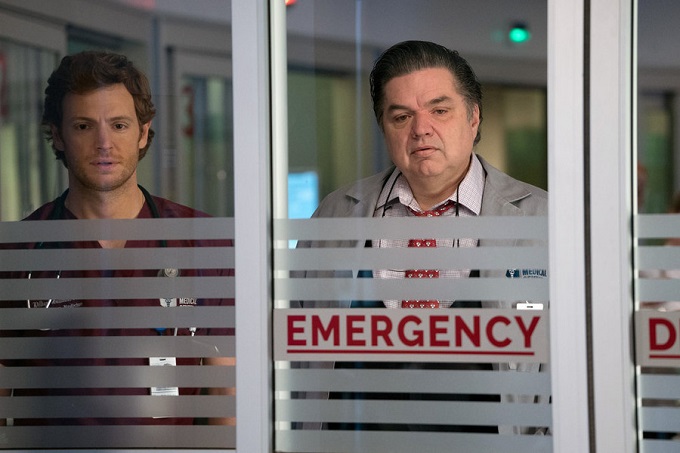 CHICAGO MED -- "Reunion" Episode 108 -- Pictured: (l-r) Nick Gehlfuss as Dr. Will Halstead, Oliver Platt as Dr. Daniel Charles -- (Photo by: Elizabeth Sisson/NBC)