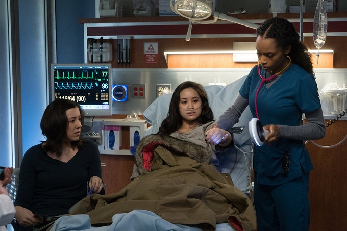 CHICAGO MED -- "Reunion" Episode 108 -- Pictured: (l-r) Margaret Cook as Amy, Janelle Villas as Sloane, Yaya DaCosta as April Sexton -- (Photo by: Elizabeth Sisson/NBC)
