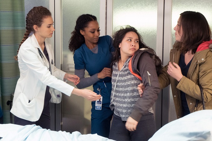 CHICAGO MED -- "Reunion" Episode 108 -- Pictured: (l-r) Rachel DiPillo as Dr. Sarah Reese, Yaya DaCosta as April Sexton, Janelle Villas as Sloane, Margaret Cook as Amy -- (Photo by: Elizabeth Sisson/NBC)