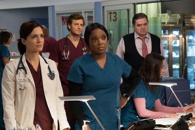 CHICAGO MED -- "Reunion" Episode 108 -- Pictured: (l-r) Torrey DeVitto as Dr. Natalie Manning, Marlyne Barrett as Maggie Lockwood, Nick Gehfuss as Dr. Will Halstead, Oliver Platt as Dr. Daniel Charles -- (Photo by: Elizabeth Sisson/NBC)