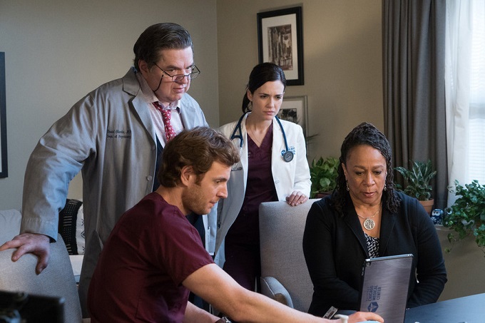 CHICAGO MED -- "Reunion" Episode 108 -- Pictured: (l-r) Nick Gehlfuss as Dr. Will Halstead, Oliver Platt as Dr. Daniel Charles, Torrey DeVitto as Dr. Natalie Manning, S. Epatha Merkerson as Sharon Goodwin -- (Photo by: Elizabeth Sisson/NBC)