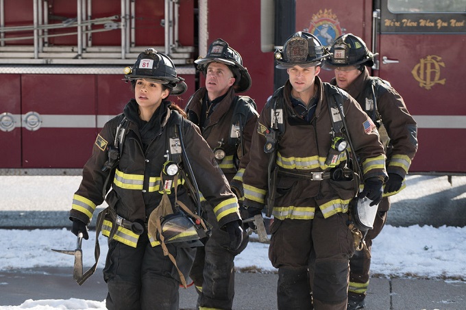 CHICAGO FIRE -- "What Happened to Courtney" Episode 417 -- Pictured: (l-r) Miranda Rae Mayo as Stella Kidd, David Eigenberg as Christopher Herrmann, Jesse Spencer as Matthew Casey, Christian Stolte as Randy "Mouch" McHolland -- (Photo by: Elizabeth Morris/NBC)