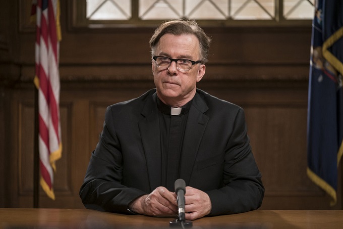 LAW & ORDER: SPECIAL VICTIMS UNIT -- "Unholiest Alliance" Episode 1718 -- Pictured: Michael O'Keefe as Father Eugene O'Hanigan -- (Photo by: Michael Parmelee/NBC)