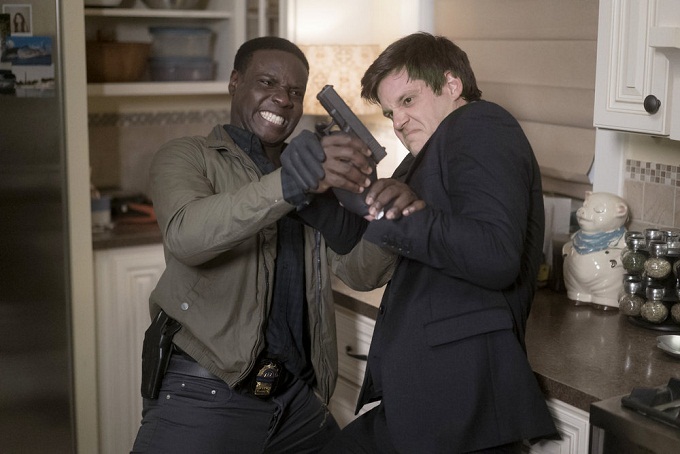 SHADES OF BLUE -- "One Last Lie" Episode 113 -- Pictured: (l-r) Dayo Okeniyi as Michael Loman, Michael Esper as Donnie Pomp -- (Photo by: Peter Kramer/NBC)