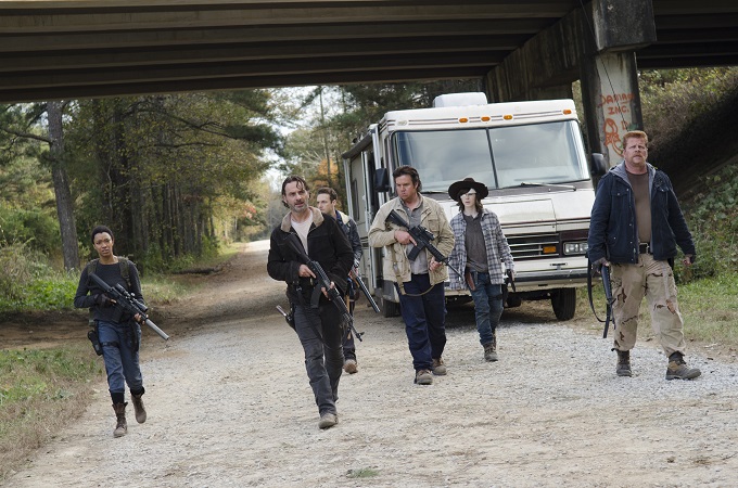 Josh McDermitt as Dr Eugene Porter; Andrew Lincoln as Rick Grimes; Sonequa Martin-Green as Sasha; Michael Cudlitz as Sgt Abraham Ford; Ross Marquand as Aaron; Chandler Riggs as Carl Grimes - The Walking Dead _ Season 6, Episode 16 - Photo Credit: Gene Page/AMC