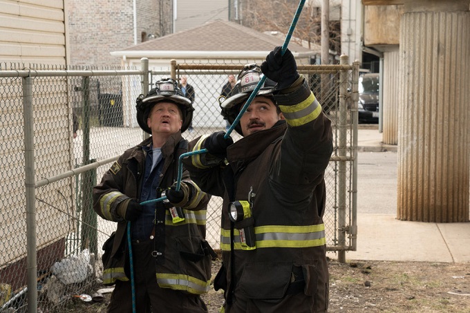 CHICAGO FIRE -- "I Will Be Walking" Episode 419 -- Pictured: (l-r) Christian Stolte as Randall "Mouch" McHolland, Yuri Sardarov as Brian "Otis" Zvonecek -- (Photo by: Elizabeth Morris/NBC)