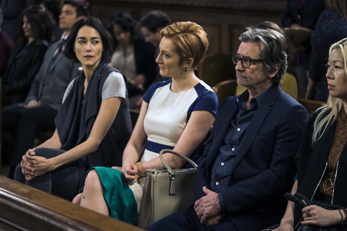 LAW & ORDER: SPECIAL VICTIMS UNIT -- "Fashionable Crimes" Episode 1720 -- Pictured: (l-r) Sandrine Holt as Nora Wattan, Francesca Faridany as Claire Gilbert, Griffin Dunne as Benno Gilbert -- (Photo by: Michael Parmelee/NBC)