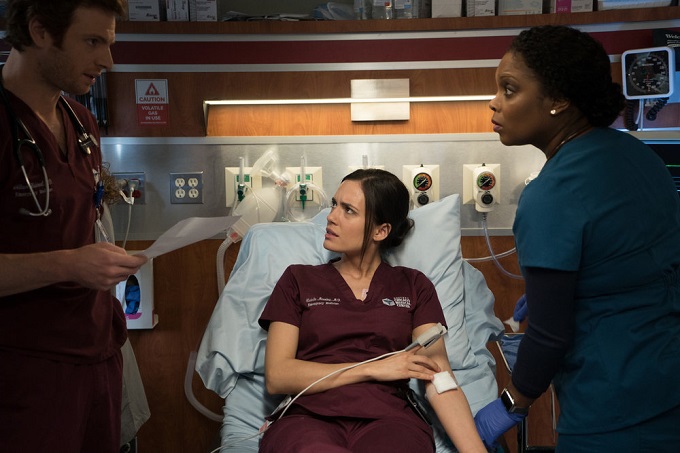 CHICAGO MED -- "Withdrawal" Episode 117 -- Pictured: (l-r) Nick Gehlfuss as Dr. Will Halstead, Torrey DeVitto as Dr. Natalie Manning, Marlyne Barrett as Maggie Lockwood -- (Photo by: Elizabeth Sisson/NBC)