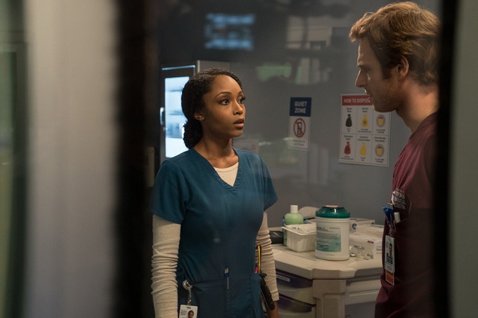 CHICAGO MED -- "Withdrawal" Episode 117 -- Pictured: (l-r) Yaya DaCosta as April Sexton, Nick Gehlfuss as Dr. Will Halstead -- (Photo by: Elizabeth Sisson/NBC)