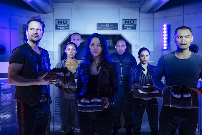 DARK MATTER -- "Welcome To Your New Home" Episode 201 -- Pictured: (l-r) Anthony Lemke as Three, Melanie Liburd as Nyx, Melissa O'Neil as Two, Alex Mallari Jr. as Four -- (Photo by: Jan Thijs/Prodigy Pictures/Syfy)