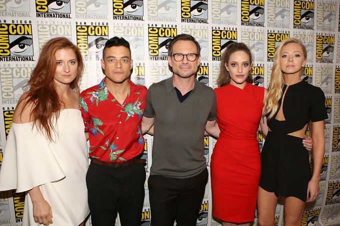 COMIC-CON INTERNATIONAL: SAN DIEGO -- "Mr. Robot Press Room" -- Pictured: (l-r) Grace Gummer, Rami Malek, Christian Slater, Carly Chaikin, Portia Doubleday -- (Photo by: Evans Vestal Ward/USA Network)