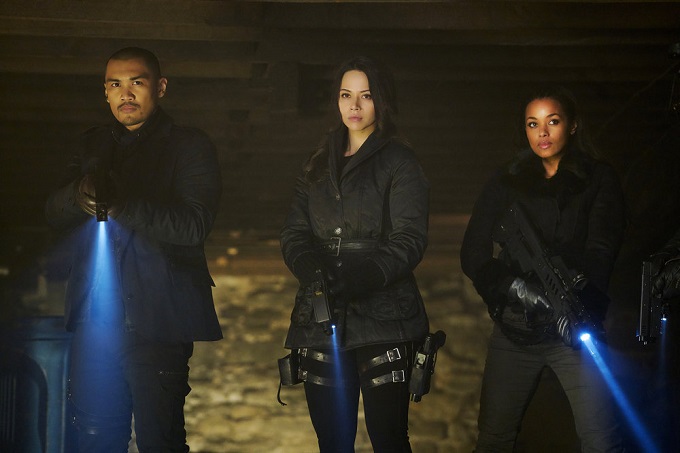 DARK MATTER -- "We Voted Not to Space You" Episode 205 -- Pictured: (l-r) Alex Mallari, Jr. as Four, Melissa O'Neil as Two, Melanie Liburd as Nyx -- (Photo by: Steve Wilkie/Prodigy Pictures/Syfy)