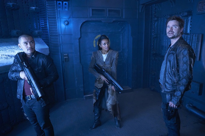 DARK MATTER -- "We Should Have Seen This Coming" Episode 206 -- Pictured: (l-r) Alex Mallari, Jr. as Four, Melanie Liburd as Nyx, Anthony Lemke as Three -- (Photo by: Steve Wilkie/Prodigy Pictures/Syfy)