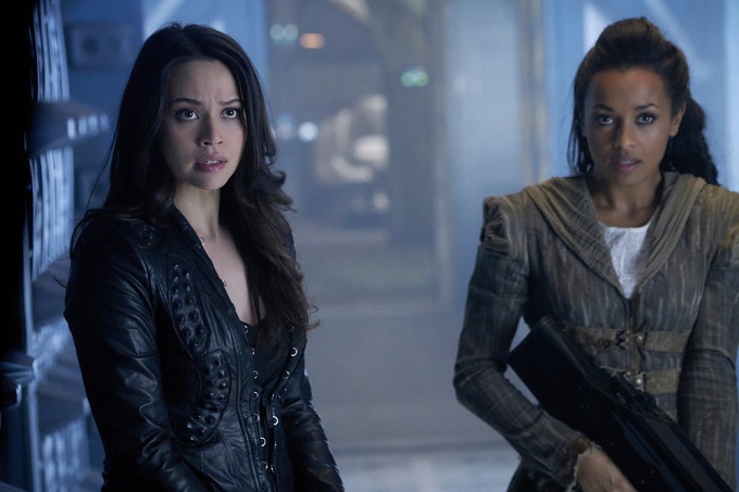 DARK MATTER -- "We Should Have Seen This Coming" Episode 206 -- Pictured: (l-r) Melissa O'Neil as Two, Melanie Liburd as Nyx -- (Photo by: Steve Wilkie/Prodigy Pictures/Syfy)