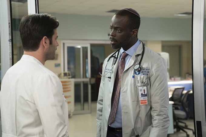 CHICAGO MED -- "Soul Care" Episode 201 -- Pictured: (l-r) Colin Donnell as Connor Rhodes, Ato Essandoh as Isidore Latham -- (Photo by: Elizabeth Sisson/NBC)