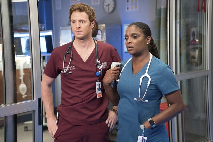 CHICAGO MED -- "Soul Care" Episode 201 -- Pictured: (l-r) Nick Gehlfuss as Will Halstead, Marlyne Barrett as Maggie Lockwood -- (Photo by: Elizabeth Sisson/NBC)