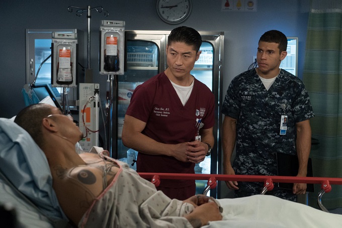 CHICAGO MED -- "Win Loss" Episode 203 -- Pictured: (l-r) Maynor Alvarado as Marco, Brian Tee as Ethan Choi, Alex Hernandez as Javier -- (Photo by: Elizabeth Sisson/NBC)