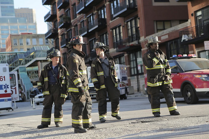 CHICAGO FIRE -- "A Real Wake-up Call" Episode 502 -- Pictured: (l-r) Christian Stolte as Mouch, Steven R. McQueen as Jimmy Borrelli, Jesse Spencer as Matthew Casey, Eamonn Walker as Wallace Boden -- (Photo by: Parrish Lewis/NBC)