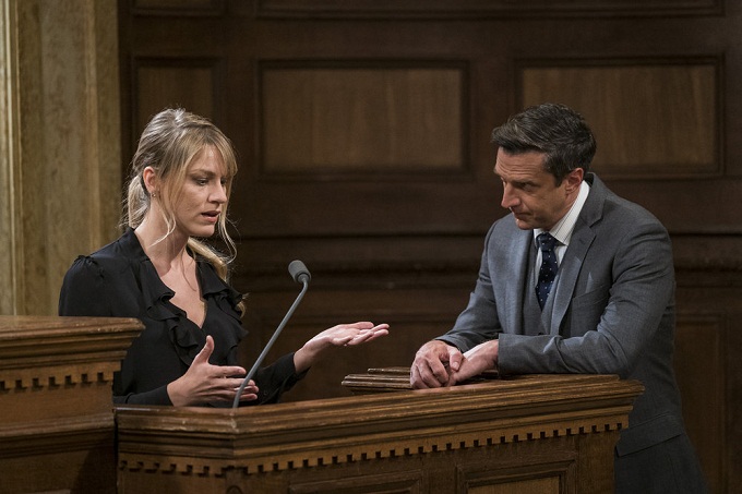 LAW & ORDER: SPECIAL VICTIMS UNIT -- "Heightened Emotions" Episode 1805 -- Pictured: (l-r) Brit Morgan as Jenna Miller, Raúl Esparza as Rafael Barba -- (Photo by: Michael Parmelee/NBC)
