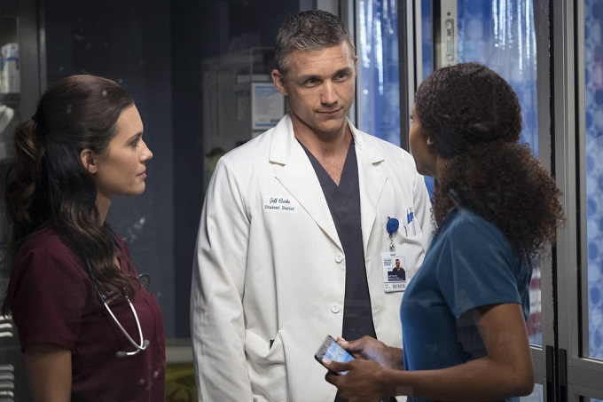 CHICAGO MED -- "Natural History" Episode 202 -- Pictured: (l-r) Torrey DeVitto as Natalie Manning, Jeff Hephner as Jeff Clarke, Yaya DaCosta as April Sexton -- (Photo by: Elizabeth Sisson/NBC)