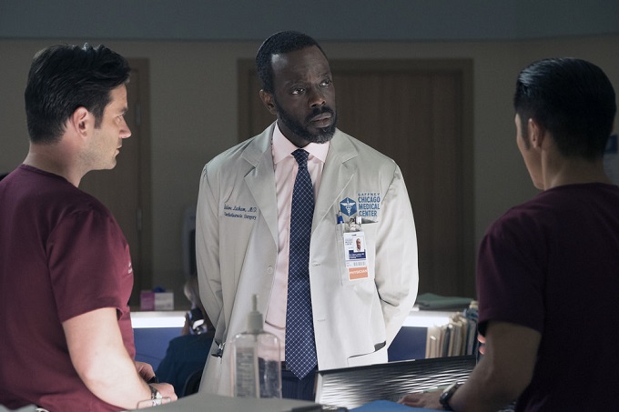 CHICAGO MED -- "Brother's Keeper" Episode 204 -- Pictured: (l-r) Colin Donnell as Connor Rhodes, Ato Essandoh as Isidore Latham, Brain Tee as Ethan Choi -- (Photo by: Elizabeth Sisson/NBC)