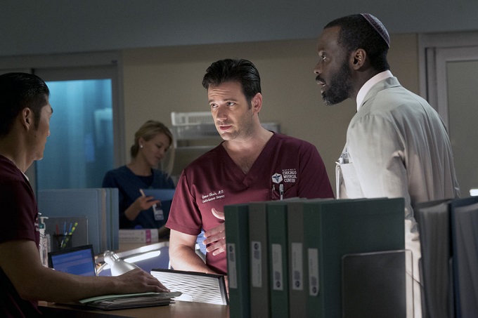 CHICAGO MED -- "Brother's Keeper" Episode 204 -- Pictured: (l-r) Brian Tee as Ethan Choi, Colin Donnell as Connor Rhodes, Ato Essandoh as Isidore Latham -- (Photo by: Elizabeth Sisson/NBC)