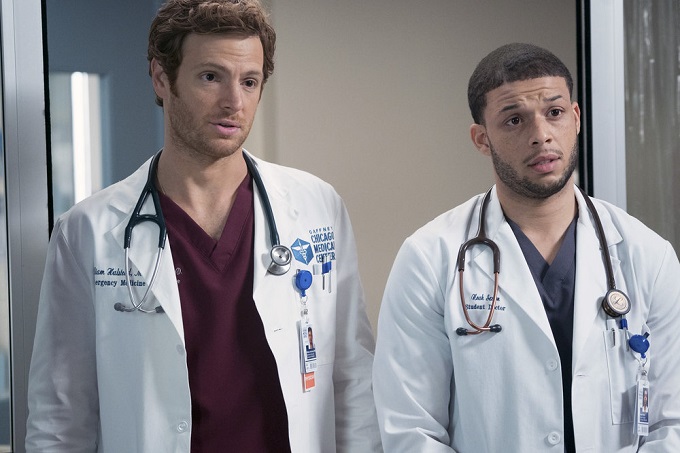 CHICAGO MED -- "Free Will" Episode 208 -- Pictured: (l-r) Nick Gehlfuss as Will Halstead, Roland Buck III as Noah Sexton -- (Photo by: Elizabeth Sisson/NBC)