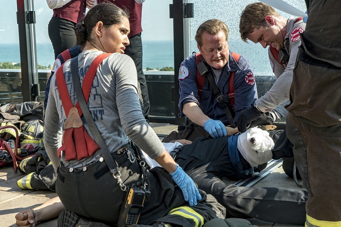 CHICAGO FIRE -- "I Held Her Hand" Episode 505 -- Pictured: (l-r) Miranda Rae Mayo as Stella Kidd, Christian Stolte as Randall McHolland, Jesse Spencer as Matthew Casey -- (Photo by: Matt Dinerstein/NBC)