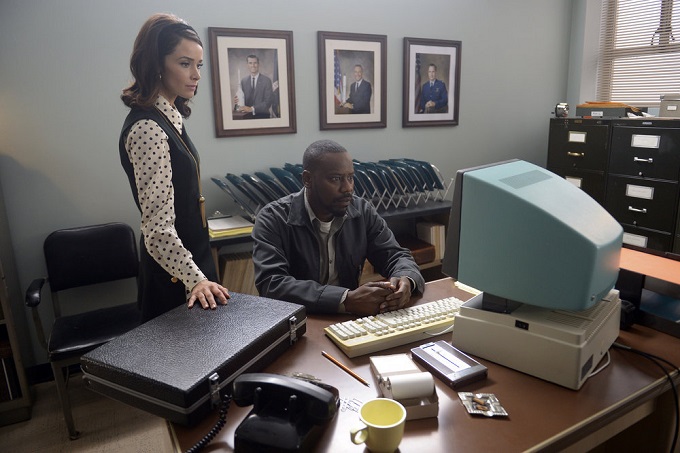 TIMELESS -- "Space Race" Episode 107 -- Pictured: (l-r) Abigail Spener as Lucy Preston, Malcolm Barrett as Rufus Carlin -- (Photo by: Sergei Bachlakov/NBC)