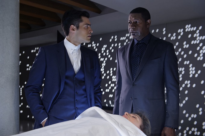 INCORPORATED -- "Human Resources" Episode 103 -- Pictured: (l-r) Sean Teale as Ben Larson, Dennis Haysbert as Julian -- (Photo by: Ben Mark Holzberg/Syfy)