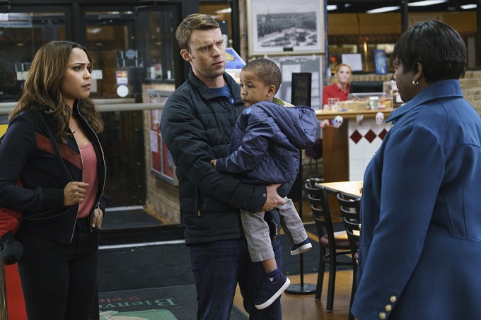 CHICAGO FIRE -- "Some Make It, Some Don't" Episode 509 -- Pictured: (l-r) Monica Raymund as Gabriela Dawson, Jesse Spencer as Matthew Casey, Aiden/Austin Cohen as Louie -- (Photo by: Parrish Lewis/NBC)