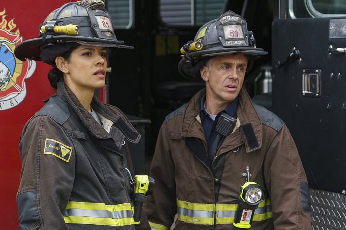 CHICAGO FIRE -- "Some Make It, Some Don't" Episode 509 -- Pictured: (l-r) Miranda Rae Mayo as Stella Kidd, David Eigenberg as Christopher Herrmann -- (Photo by: Parrish Lewis/NBC)