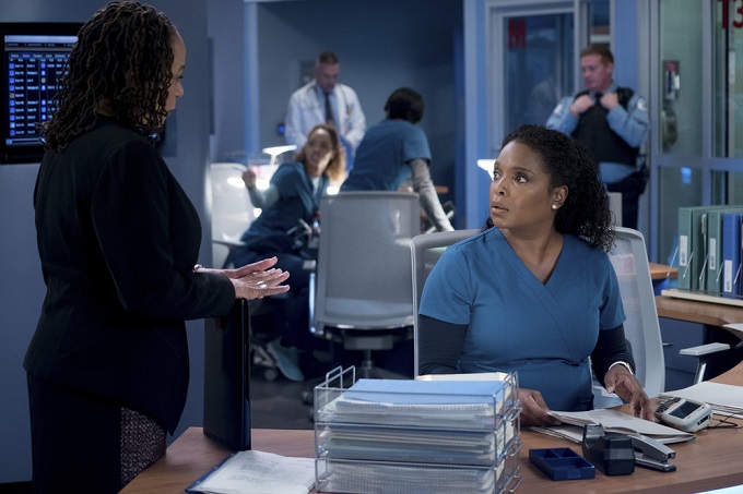CHICAGO MED -- "Heart Matters" Episode 210 -- Pictured: (l-r) S. Epatha Merkerson as Sharon Goodwin, Marlyne Barrett as Maggie Lockwood -- (Photo by: Elizabeth Sisson/NBC)